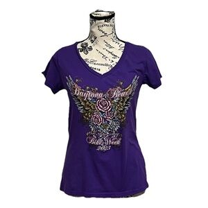 Motorcycle Rally USA Daytona Beach Purple T Shirt 2023 Moto Biker Grunge L Slim